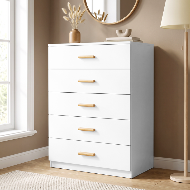 [White] Angled view of the White Tall 5 Drawer Chest of Drawers with natural wooden handles.