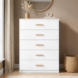 [White] Front view of the White Tall 5 Drawer Chest of Drawers with natural wooden handles.