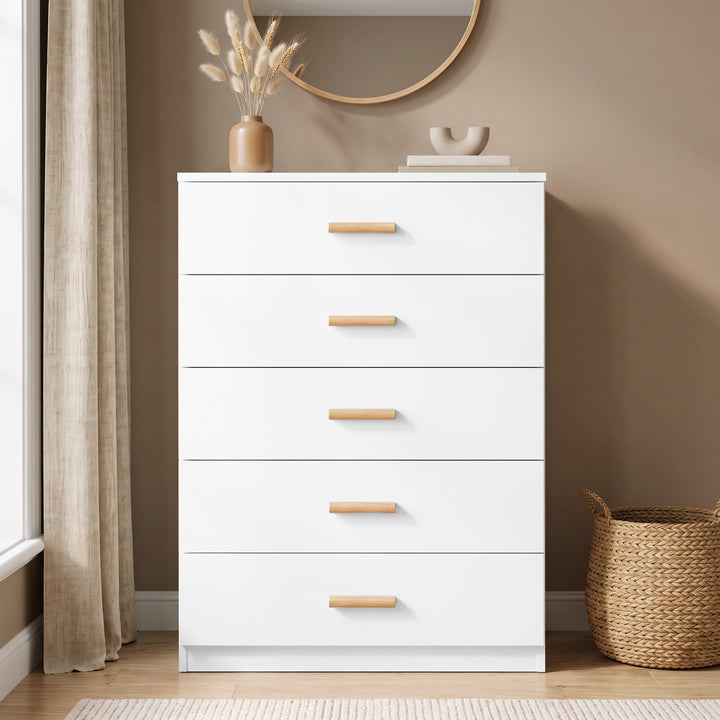 [White] Front view of the White Tall 5 Drawer Chest of Drawers with natural wooden handles.