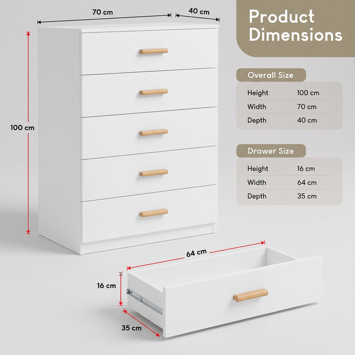 [White] Top drawer of the White Tall 5 Drawer Chest of Drawers opened to show organized internal storage.
