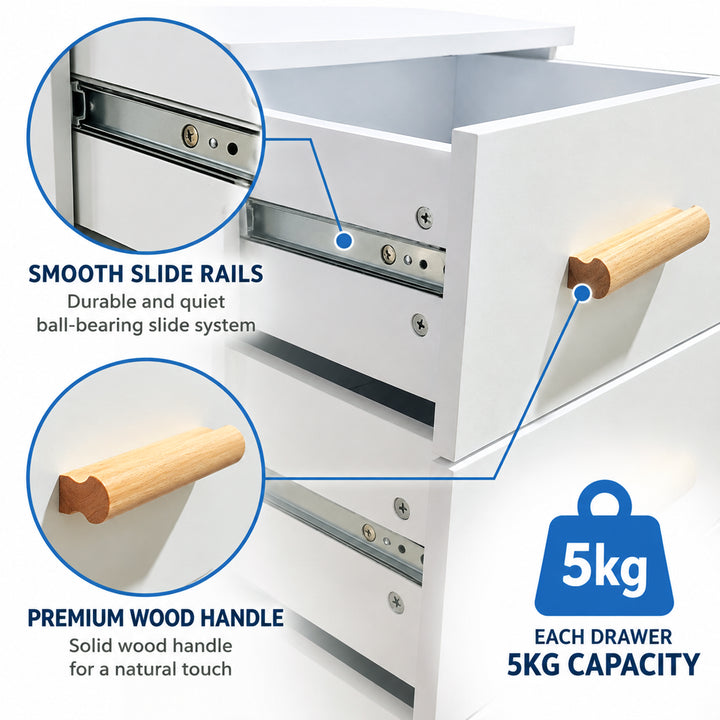 [White] Feature graphic illustrating smooth slide rails, wood handles, and 5kg per drawer capacity.