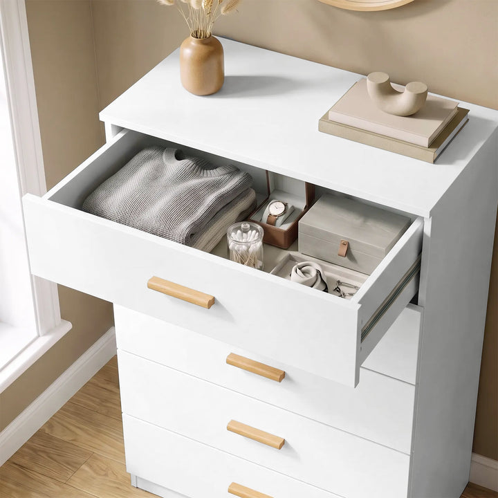 [White] Top drawer of the White Tall 5 Drawer Chest of Drawers opened to show organized internal storage.