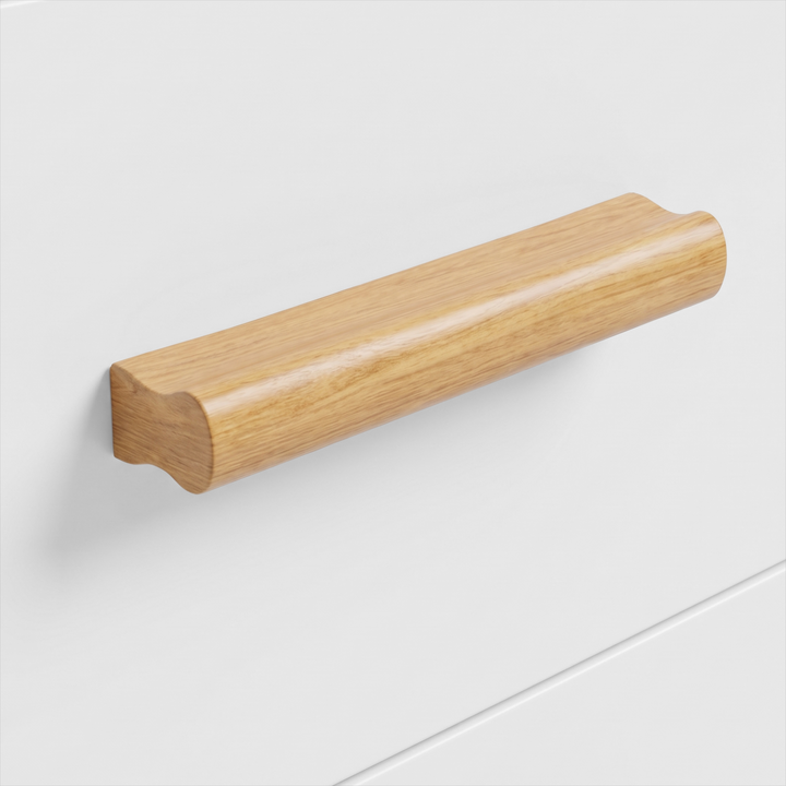 [White] Close-up detail of the smooth natural solid wood handle on the White 5 Drawer Chest.