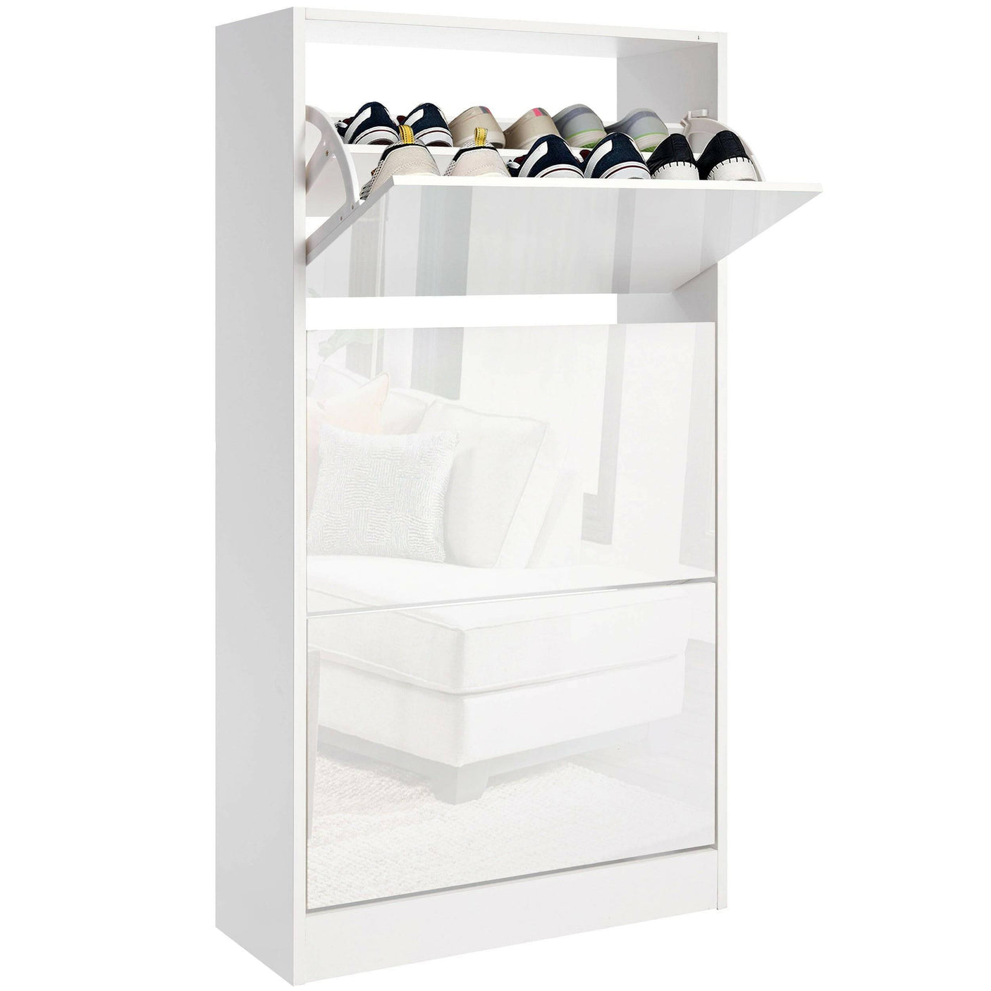 High gloss white tall shoe storage with top compartment and multiple shoe racks