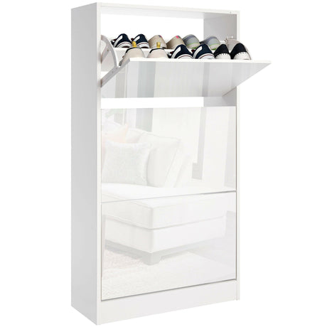 High gloss white tall shoe storage with top compartment and multiple shoe racks