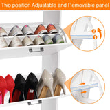 [White] Close-up of adjustable and removable panel in white slim shoe cabinet. Two-position design fits different shoe heights efficiently.