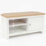 [White] Tavero corner TV unit front view with open shelving and cabinet door, oak effect top