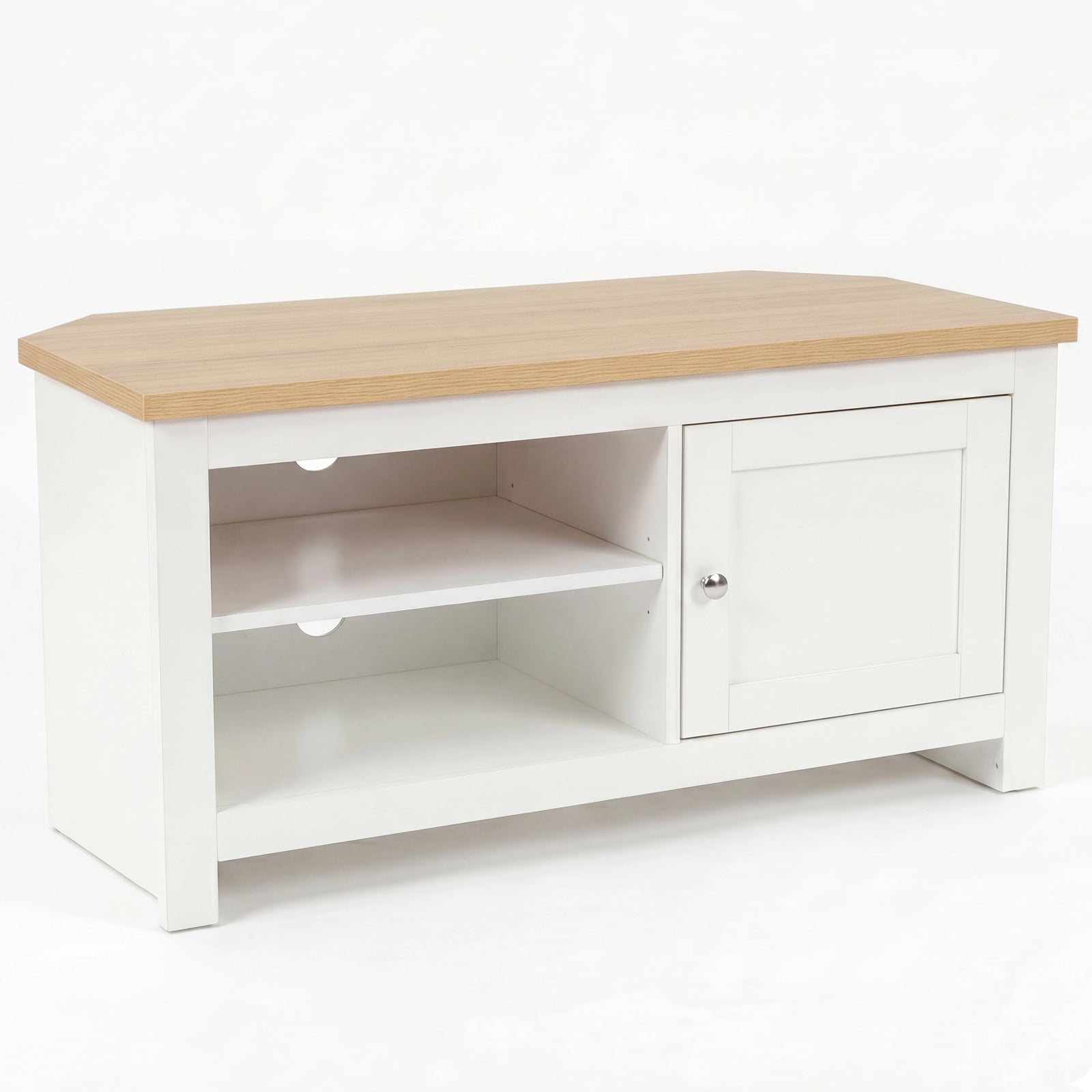 [White] Tavero corner TV unit front view with open shelving and cabinet door, oak effect top
