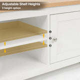 [White] Tavero corner TV unit adjustable shelf heights infographic showing 3 height options