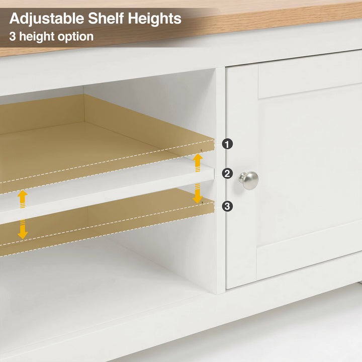 [White] Tavero corner TV unit adjustable shelf heights infographic showing 3 height options