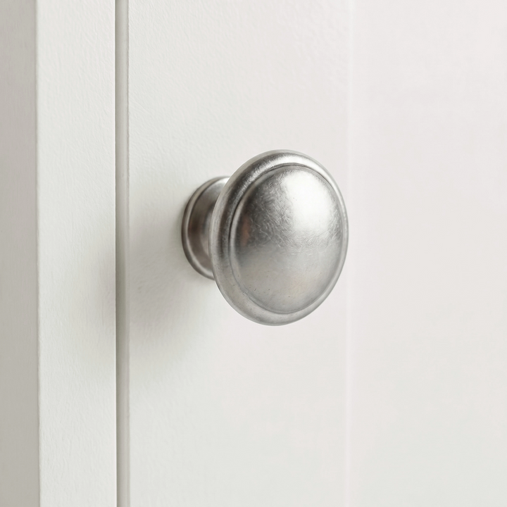 [White] Tavero corner TV unit close-up of round silver knob fitted to white shaker-style cabinet door