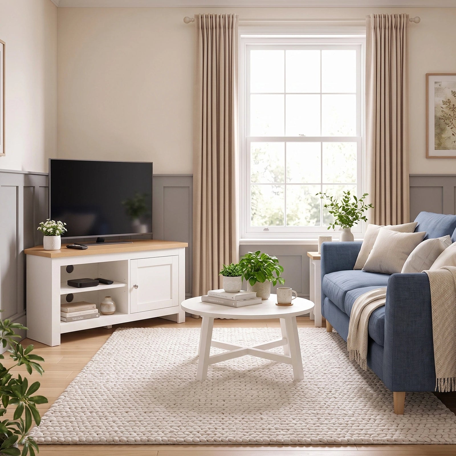 [White] styled living room interior featuring a blue fabric sofa with cream pillows and a throw blanket, a white round coffee table, a white TV stand with a black television on a light wood floor.
