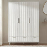 Front elevation of white 3 door wardrobe with integrated drawer storage and silver metal handles
