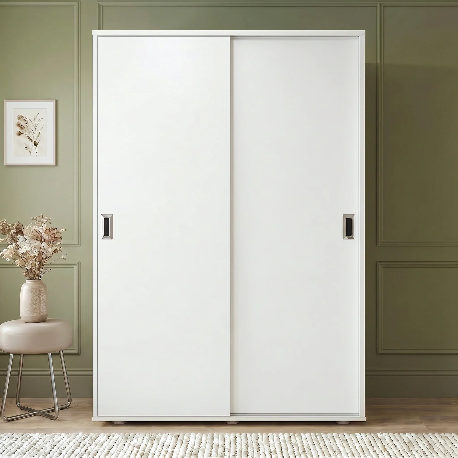 [White] Torvek large sliding wardrobe fully closed front view in neutral bedroom with chrome recessed handles