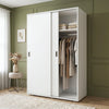 [White] Torvek large sliding wardrobe side angled view in bright neutral bedroom with sheer curtains