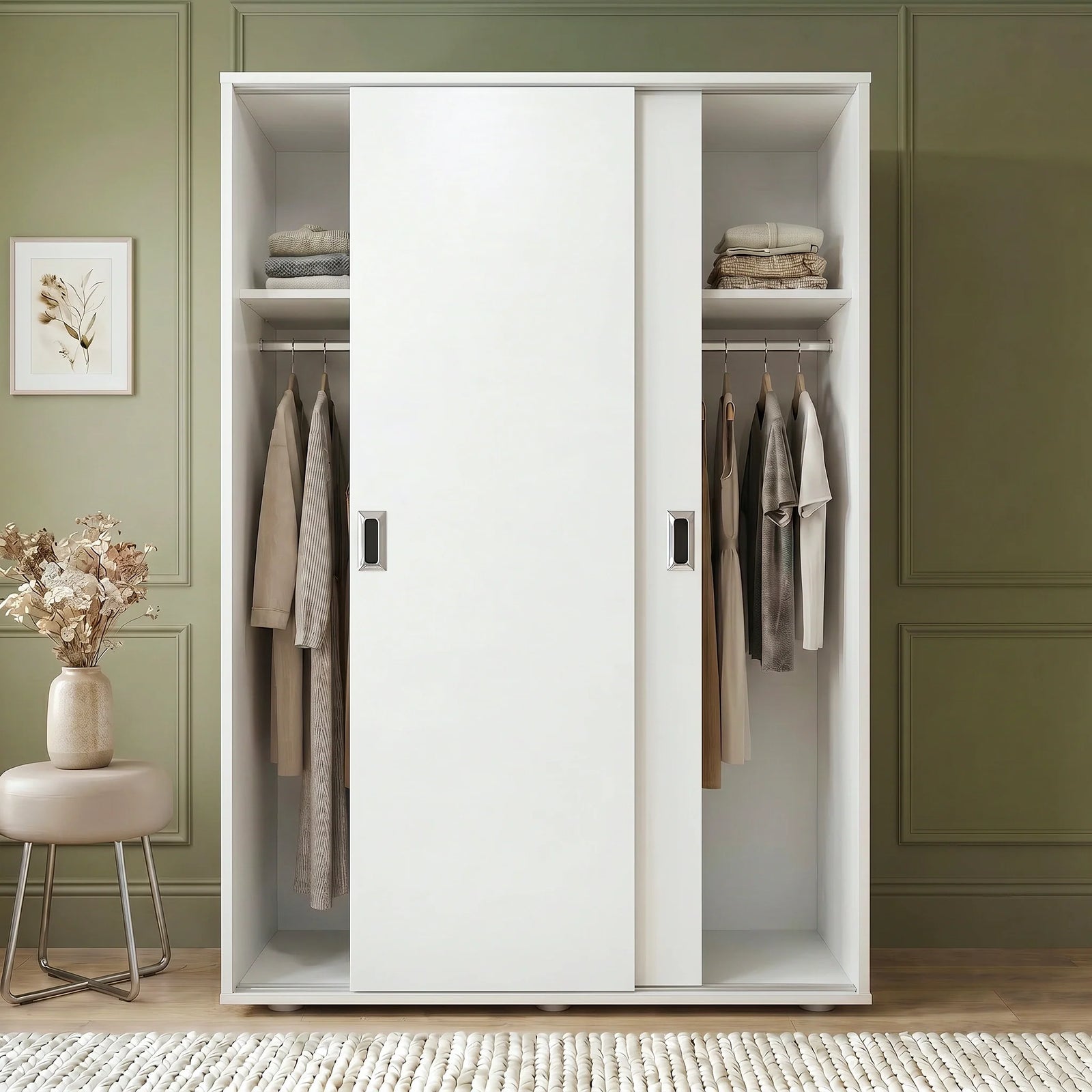 [White] White wardrobe with clothes in a room with green walls and a small table with flowers.