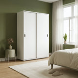 [White] White wardrobe in a bedroom with a bed, rug, and window.
