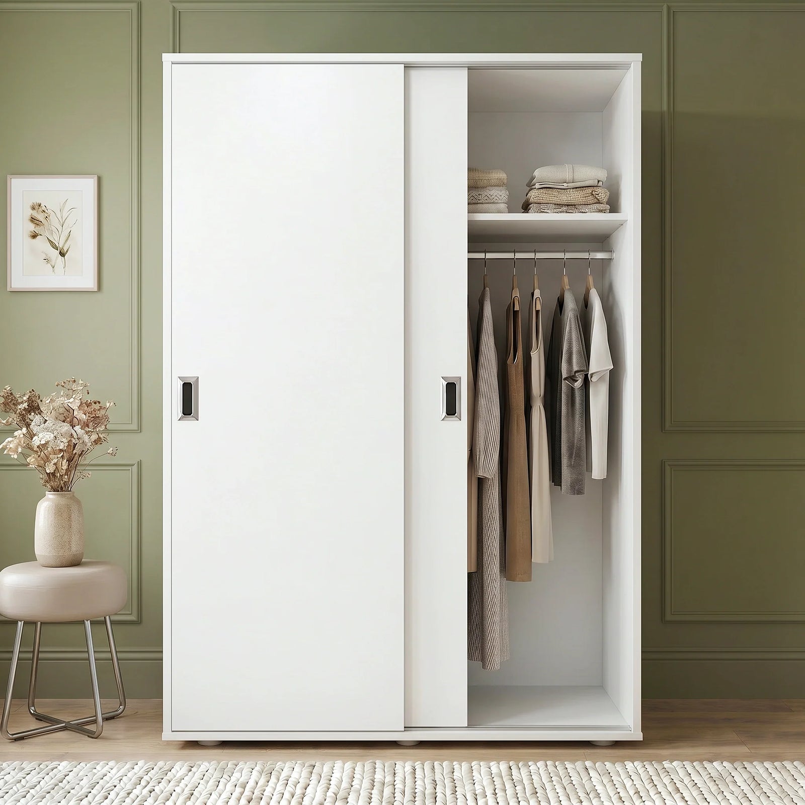[White] Torvek sliding wardrobe one door open showing hanging rail, upper shelf and rolled bedding below