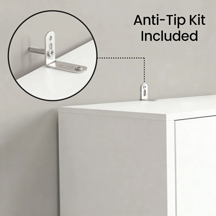 [White] Anti-tip kit included with a white cabinet on a light gray background