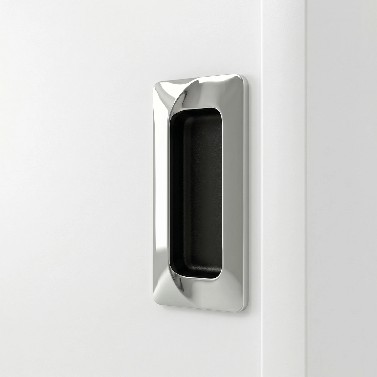 [ White] Torvek wardrobe close-up of metallic recessed rectangular flush handle on white door panel