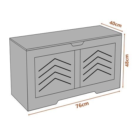White storage bench with chevron pattern and measurements on a white background