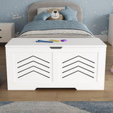 Toy Storage Box - Kids Storage Chest Blanket Box with Safety Hinges in white with arrow design, placed in a child's bedroom with blue decor.