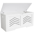 White storage bench with open lid on a white background