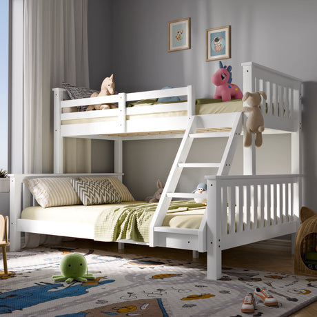 White wooden bunk bed with toys in a child's room