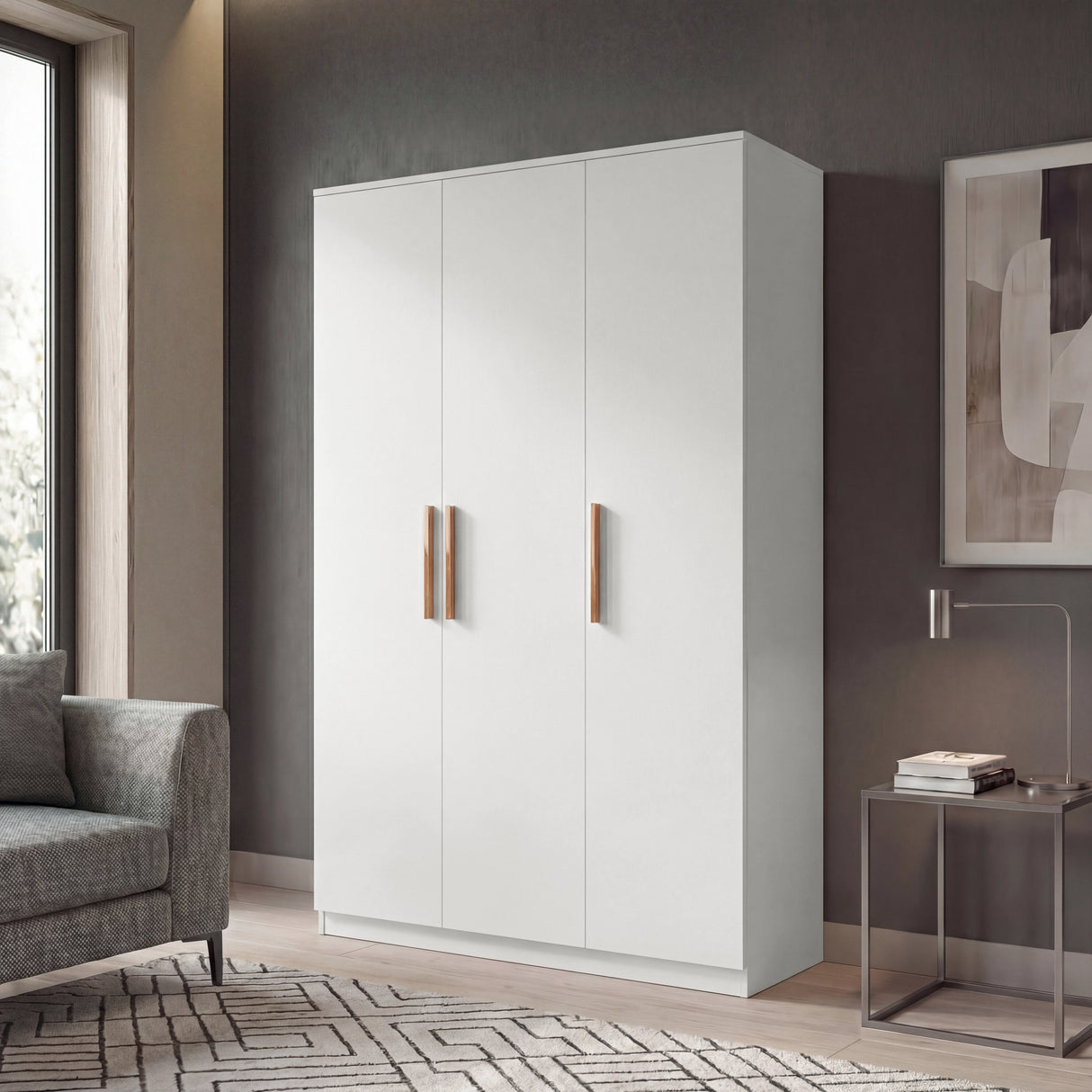 [White] Angled room perspective of a white triple door wardrobe positioned against a wall with a neutral decor and lighting