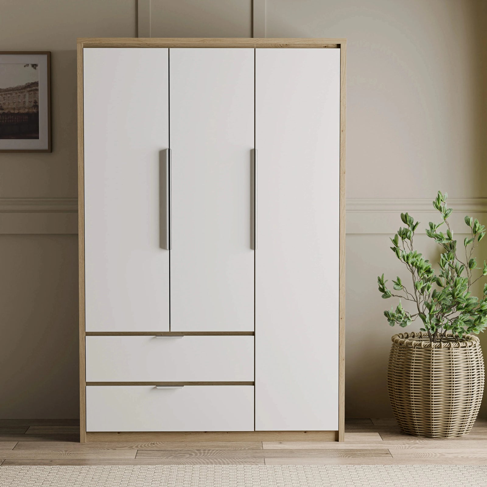 [Oak+White] Skova bedroom furniture set 3 door wardrobe in oak with white fronts, plant alongside