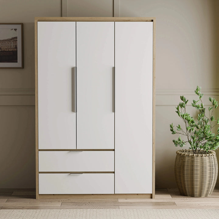 [Oak+White] Skova bedroom furniture set 3 door wardrobe in oak with white fronts, plant alongside