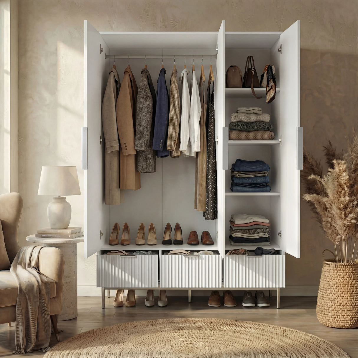 Three-door open white wardrobe with drawers displaying hanging space and folded clothing stacked in shelves placed in a room