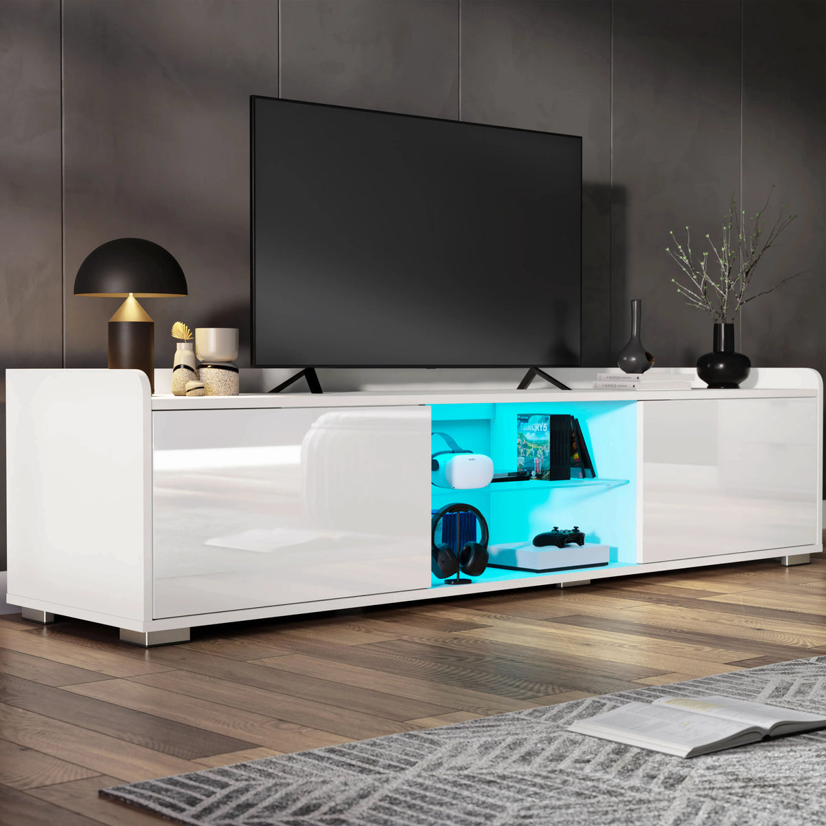 160cm High Gloss TV Unit LED Lights & 2 Door Storage Cabinets