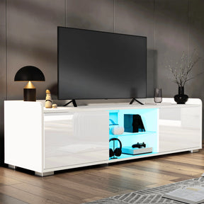Modern white TV stand with a television mounted on it, featuring a glowing blue light inside.