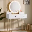 White vanity table with round mirror and lights in a room setting.