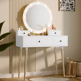 White vanity table with round mirror and lights in a room setting.