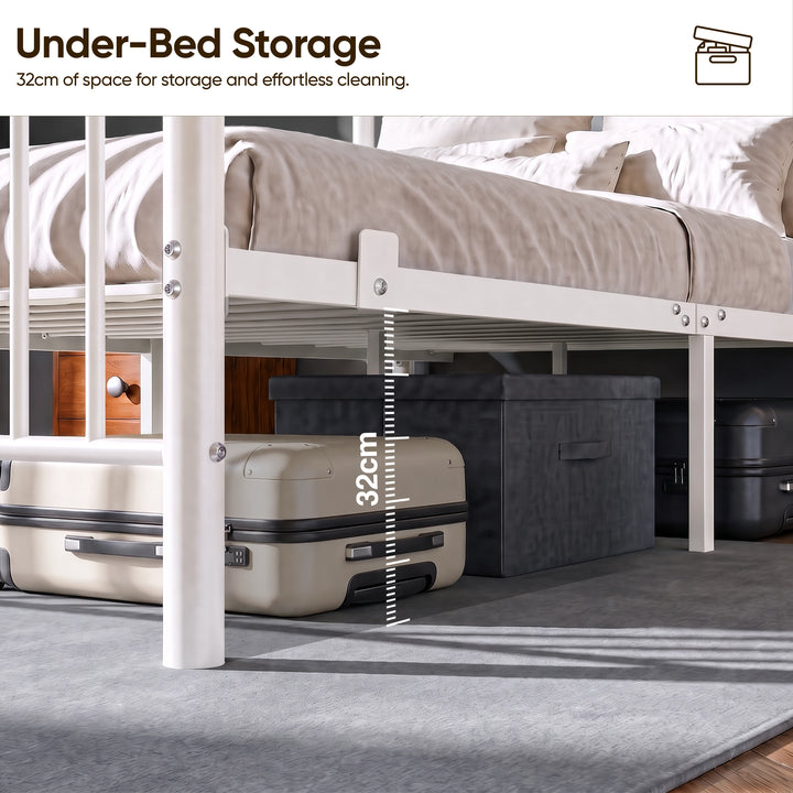 [White | Double] Metal double bed 32cm under-bed clearance shown with suitcases & a storage box beneath the metal slat frame.