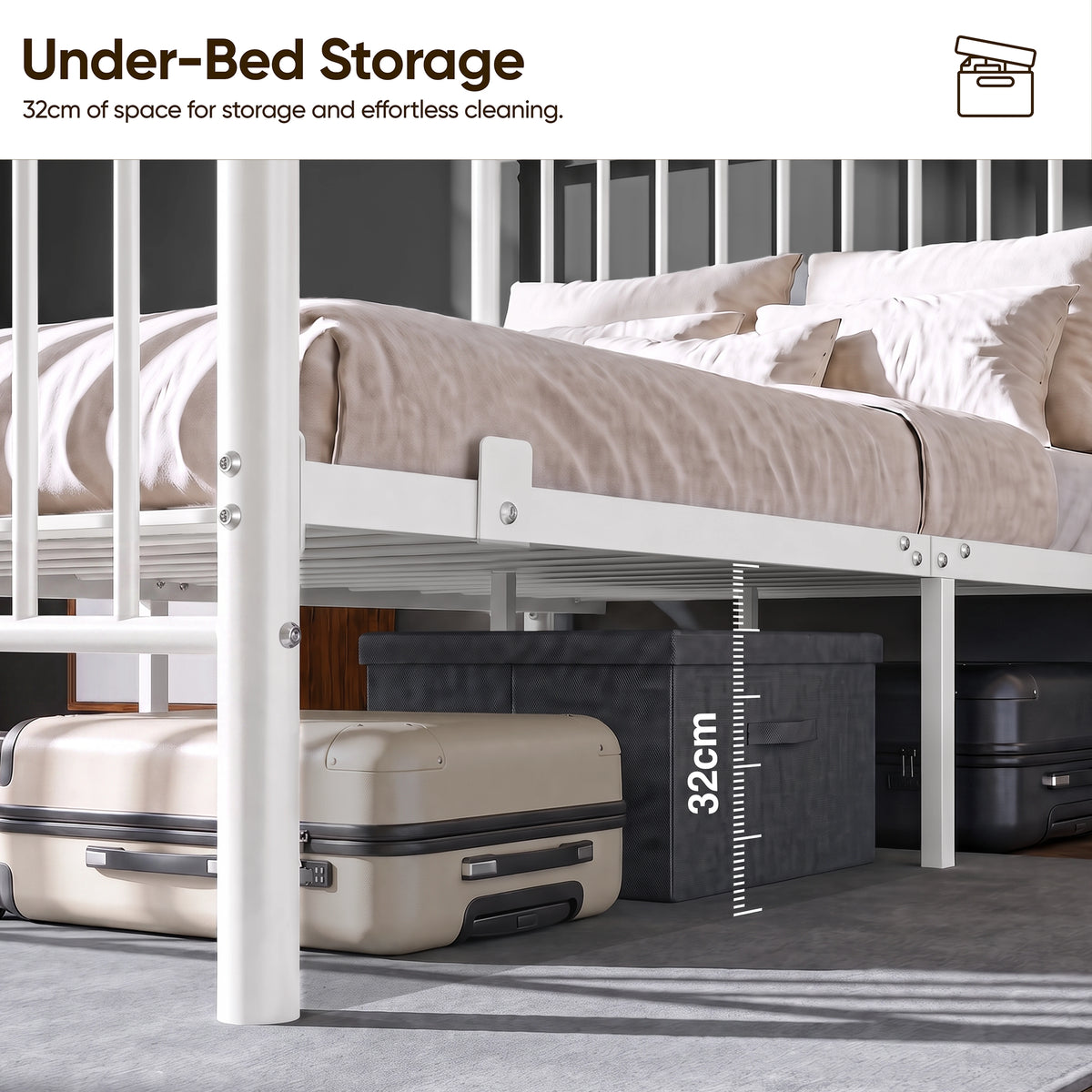 [White | Double] Metal double bed 32cm under-bed clearance shown with suitcases & a storage box beneath the metal slat frame.
