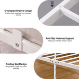 [White | King] Metal bed features showing U-shaped groove, anti-slip mattress stop & folding metal slats for quicker assembly