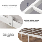 [White | King] Metal bed features showing U-shaped groove, anti-slip mattress stop & folding metal slats for quicker assembly