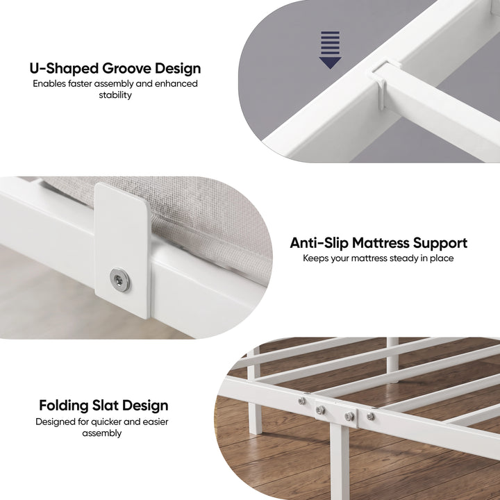 [White | King] Metal bed features showing U-shaped groove, anti-slip mattress stop & folding metal slats for quicker assembly