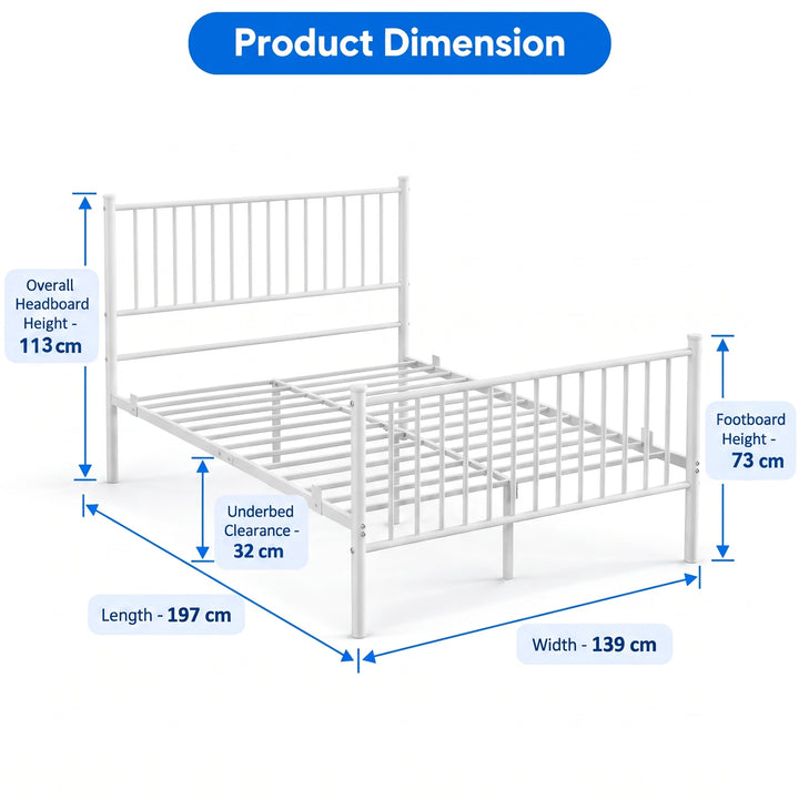 [White | Double] Dimensional line drawing showing overall dimensions, headboard height, footboard height, and width.