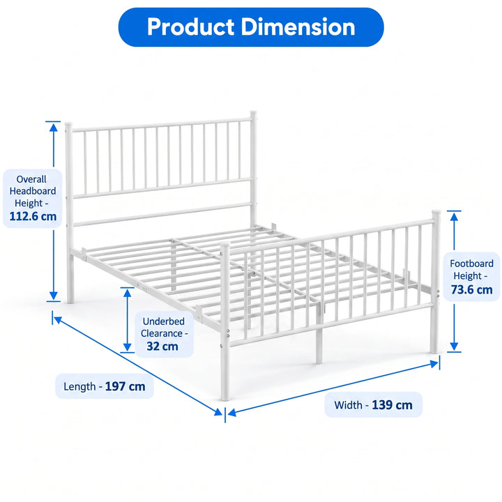 [White | Double] Dimensional line drawing showing overall dimensions, headboard height, footboard height, and width.