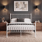 [White | Double] Front view of white vertical metal double bed frame with high slatted headboard and matching footboard.