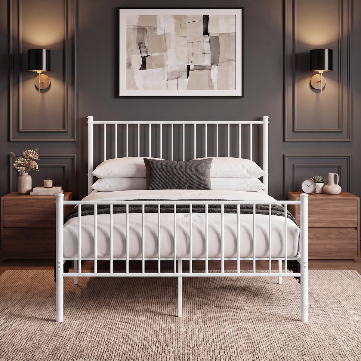 [White | Double] Front view of white vertical metal double bed frame with high slatted headboard and matching footboard.