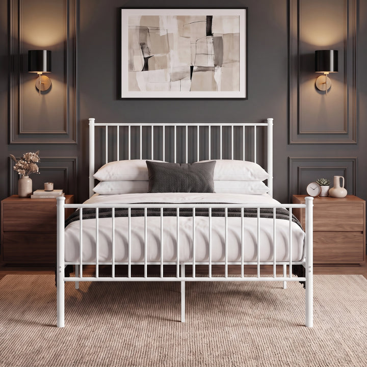 [White | Double] Front view of white vertical metal double bed frame with high slatted headboard and matching footboard.