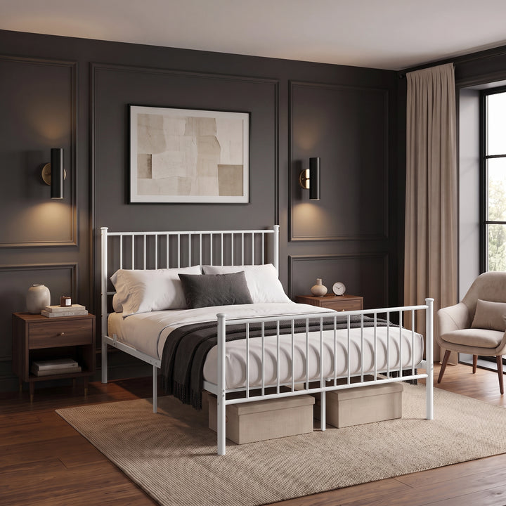 [White | Double] Angled view of white vertical metal double bed frame styled in a modern dark-toned bedroom setting.