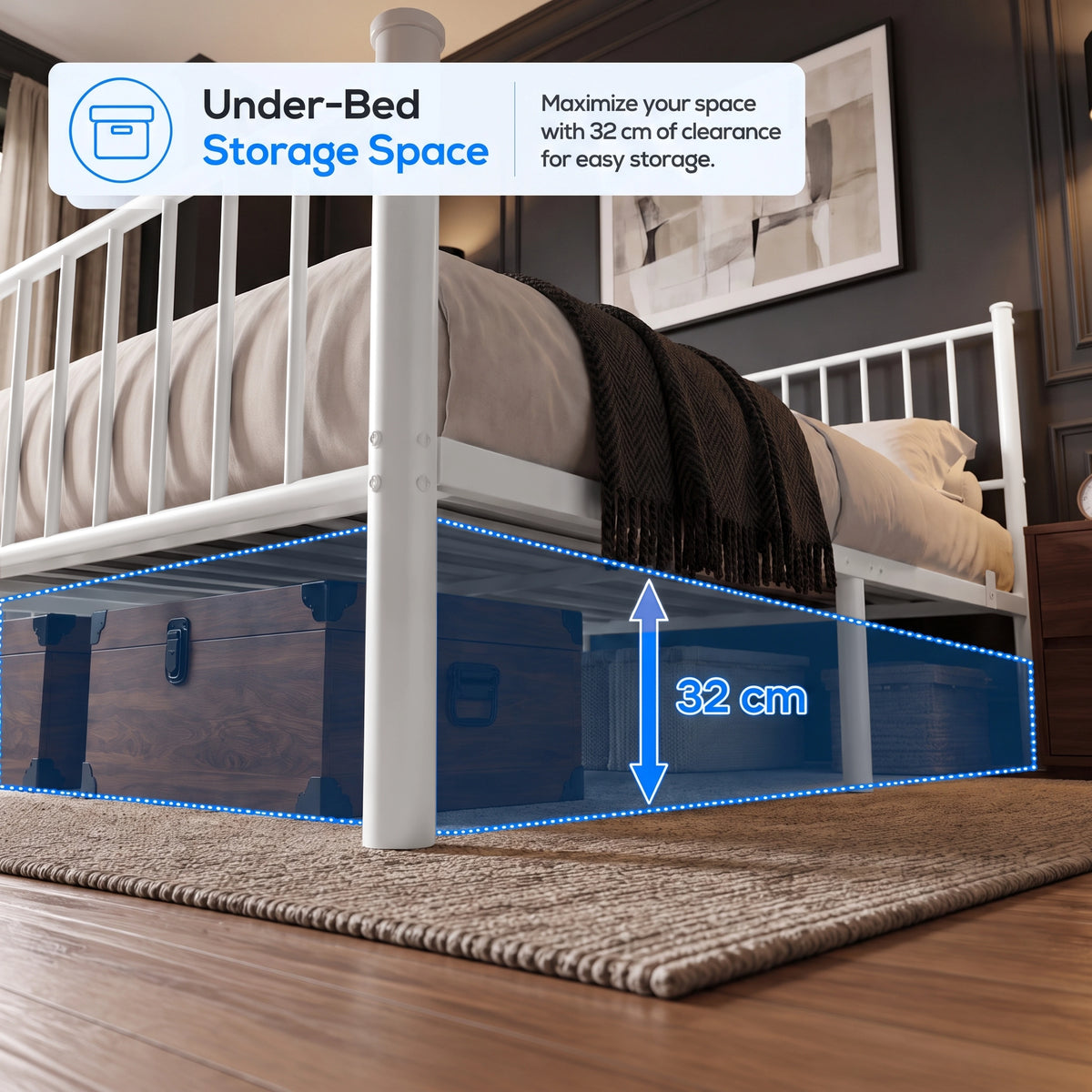 [White | Double] Diagram showing 32 cm under-bed clearance and storage space beneath the white metal double bed frame.