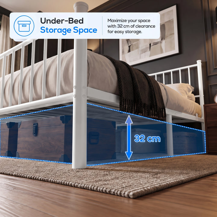 [White | Double] Diagram showing 32 cm under-bed clearance and storage space beneath the white metal double bed frame.