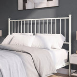 [White | King] Bed close-up view of tall white bar headboard, white pillows, grey bedding, side rail & mattress support tab.